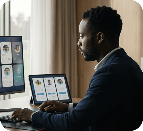 Coach browsing player profiles on digital workstation